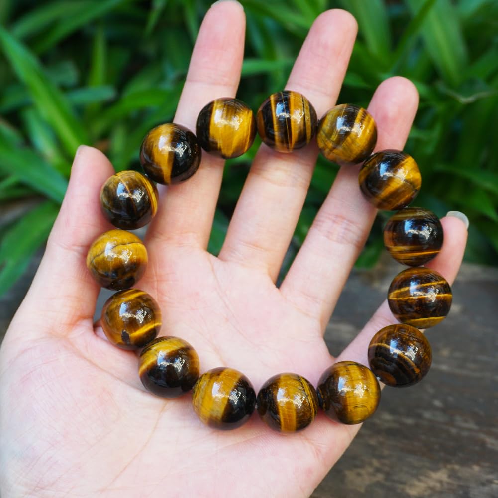 TaHLga Tigers Eye Mens Bracelet 16MM with Golden Brown Cats Eye | Fits for About 8" XLarge Wrist | Natural Solar Plexus Chakra Gemstones | Bring Luck Wealth Courage | Protection from Evil | Gift