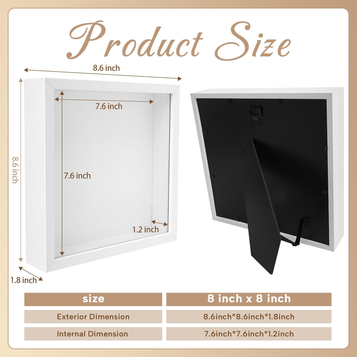 4 Pack 8"x 8" Shadow Boxes Frame Display Cases Wood Deep Shadowbox for Photos, Dried Flowers, Handicrafts Picture Frames for Wall Tabletop (White, 8x8)