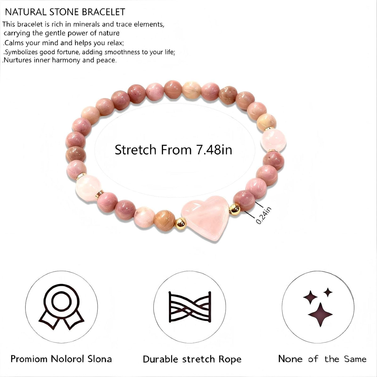 6mmHeart Crystal Beaded Bracelets for Women and Rose Quartz Healing Anxiety Stone Handmade Pink Natural Stone Bracelet Stretch Bracelet Gemstone Reiki Spiritual Valentine DayJewelry Gifts(Rhodonite)