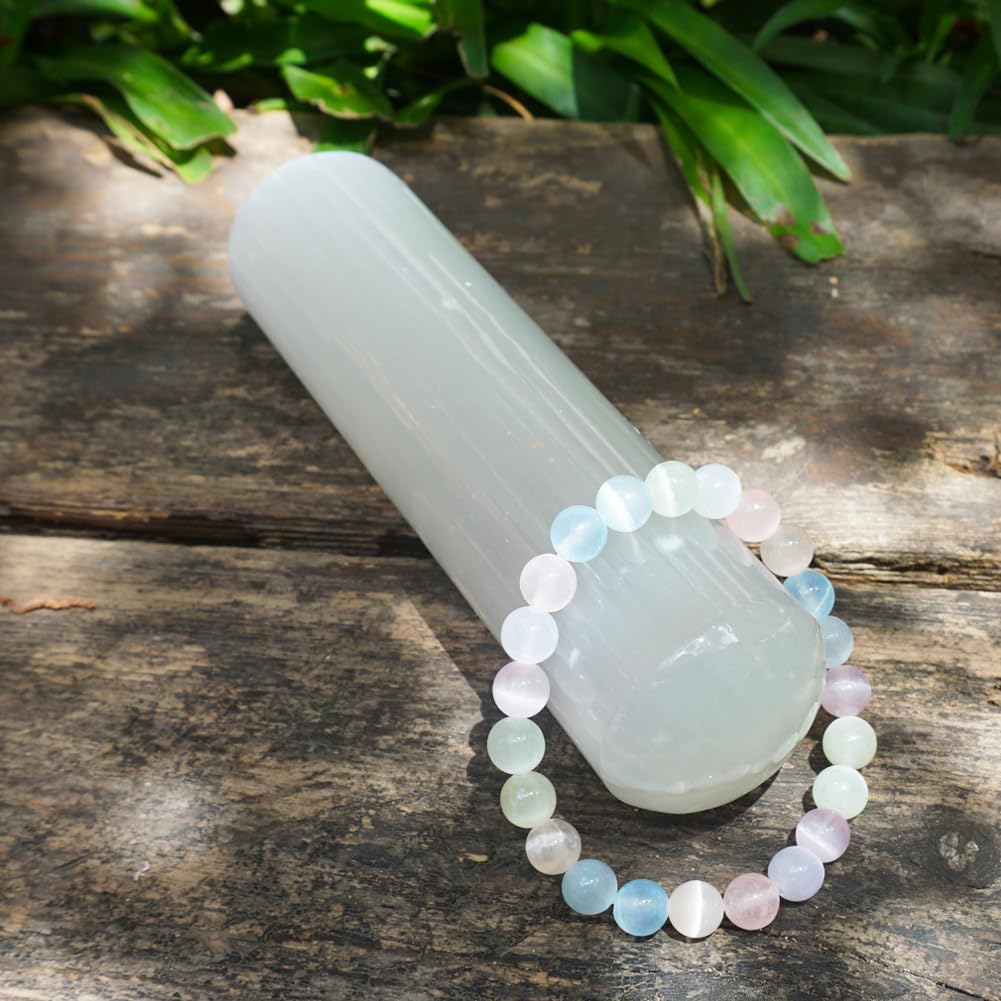 TaHLga 8mm Macaron Selenite Bracelet - Multi-Color Natural Crown Chakra Crystal | Handmade Sweet Color Meditation Bracelet with Cat-Eye Effect | Beading Tool Kit - Adjust to 6.5-7.5 inches Wrist Size