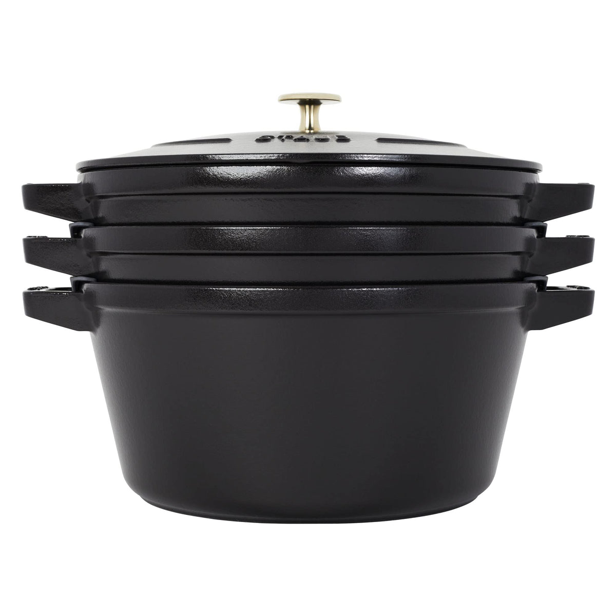 STAUB Cast Iron Set 4-pc, Stackable Space-Saving Cookware Set, Dutch Oven, Skillet, Grill Pan with Universal Lid, Made in France, Matte Black