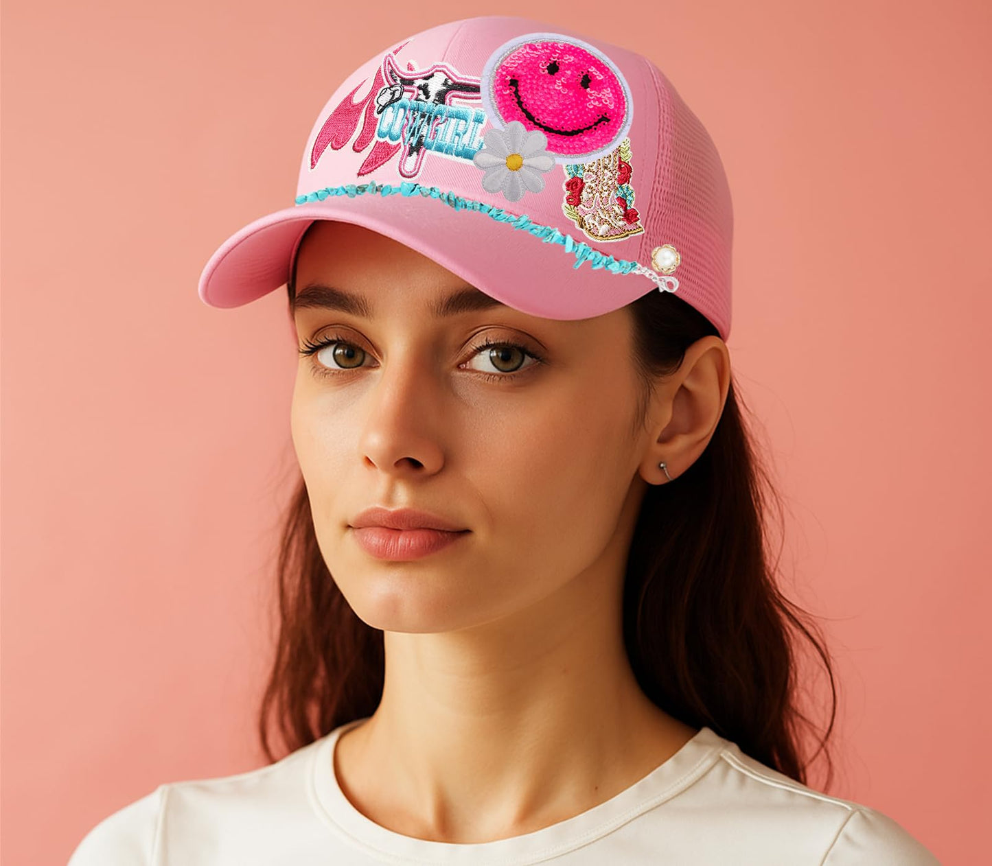 HEYTRCO Pink Western Trucker Hat DIY Kit, 3 Pink Mesh Foam Hats, 25 Patches, 3 Chains, 6 Pins, Heat-Resistant Tape for Custom Cowgirl Hats, Girls DIY Craft Set