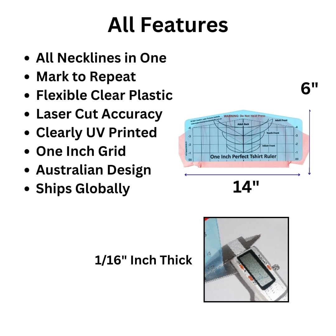 CLPA T-Shirt Ruler Guide — Neckline Placement | Shirt Centering Tool for Heat Press | HTV, DTF and Embroidery | Neckline and Shoulder Reference | Clear PETG | Made in Australia