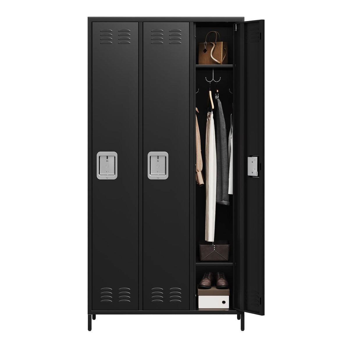 IDEALHOUSE 3 Doors Steel Storage, Metal Locker for School Office Gym Bedroom, 72 Inch Locker Cabinet for Employees,Industrial Storage Locker with 3 Shelves, Assembly Required, Black