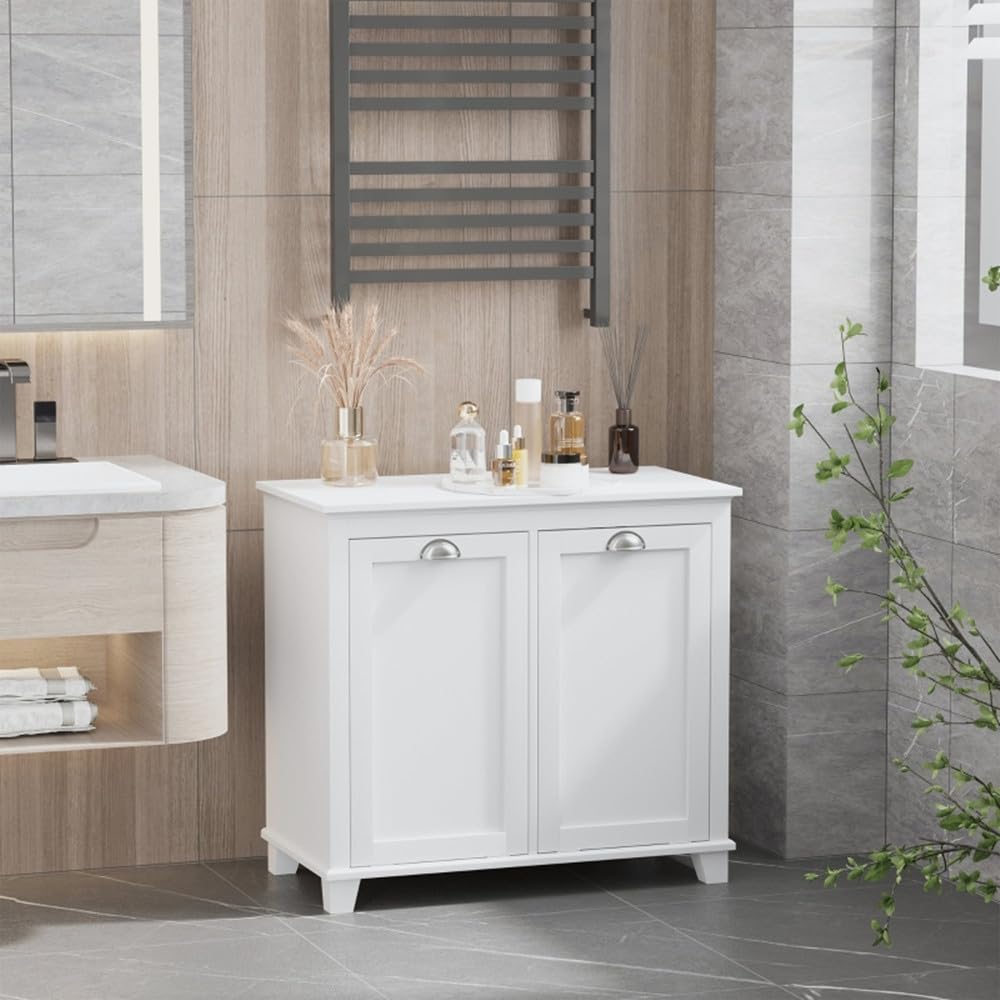 White Tilt Out Laundry Hamper Cabinet Bathroom Storage Organizer White Small Space Floor Standing Sorter with 2 Compartments Laundry Room Bedroom Hidden Hamper Freestanding Narrow Space Saving