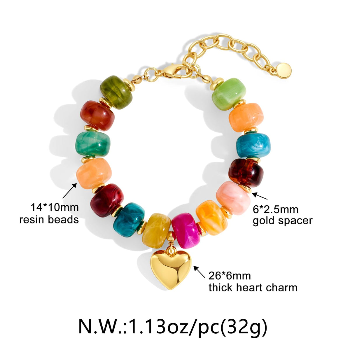 FAUTHENTICUTE Colorful Beaded Bracelets for Women Chunky Rainbow Resin Bead Strand With A Cute Gold Heart Charm Trendy Summer Beach Bracelet Boho Y2k Jewelry Gift