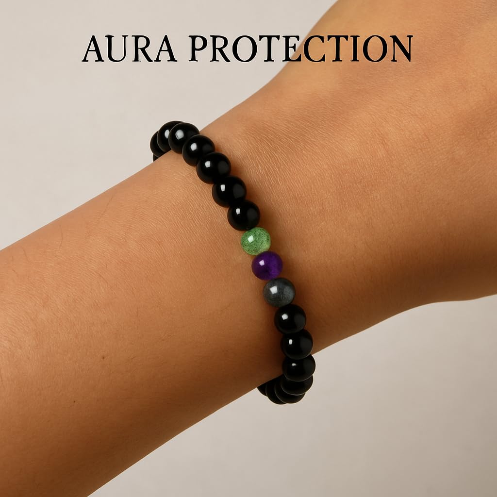 PRECIOUS PEBBLE Obsidian, Tourmaline & Fluorite Bracelets, Natural 8mm Crystal Beads, Handmade Stretch Bracelet for Men & Women – Symbolic Gift Accessory for Balance & Grounded Style