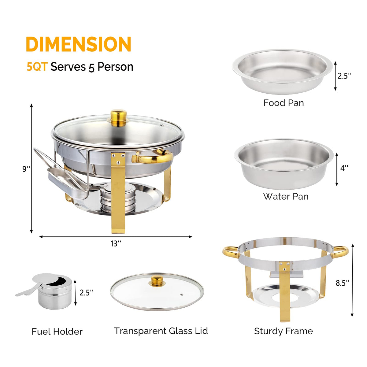 ROVSUN 5QT 4 Packs Chafing Dish Buffet Set Gold Accent, NSF Round Stainless Steel Buffet Warmer Chafers and Warmers Sets with Glass Lid & Lid Holder for Catering Events Parties Weddings Dinners