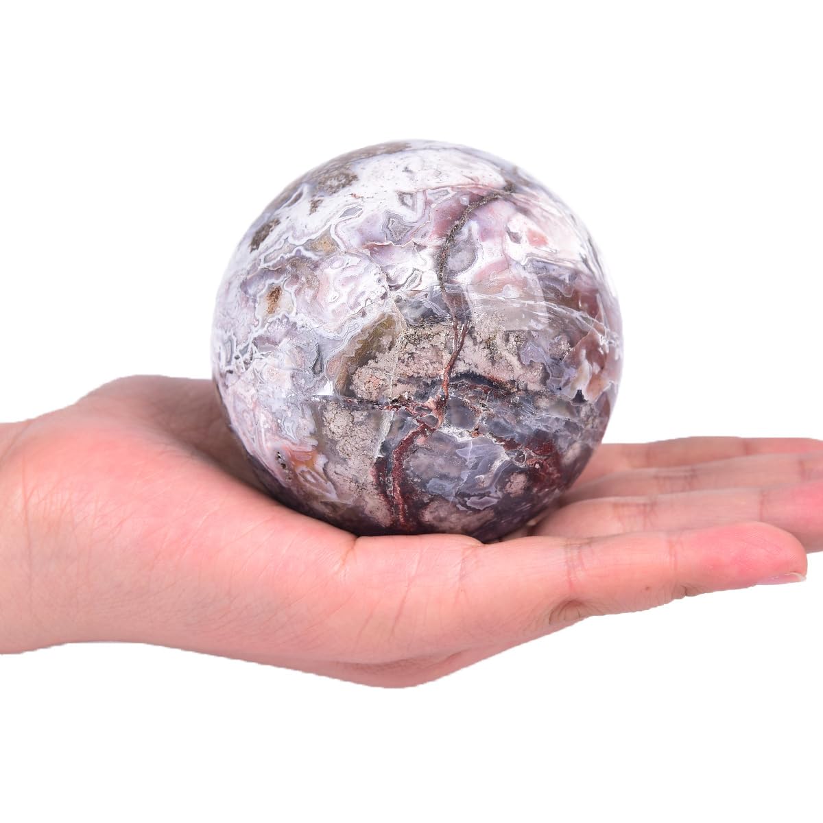 JIC Gem Large Blue Cherry Blossom Agate Crystal Ball with Stand Crystal Sphere Natural Sakura Flower Agate Stone Reiki Healing Meditation Witchcraft Home Decor 2.7-3.1 inch(70-80mm)