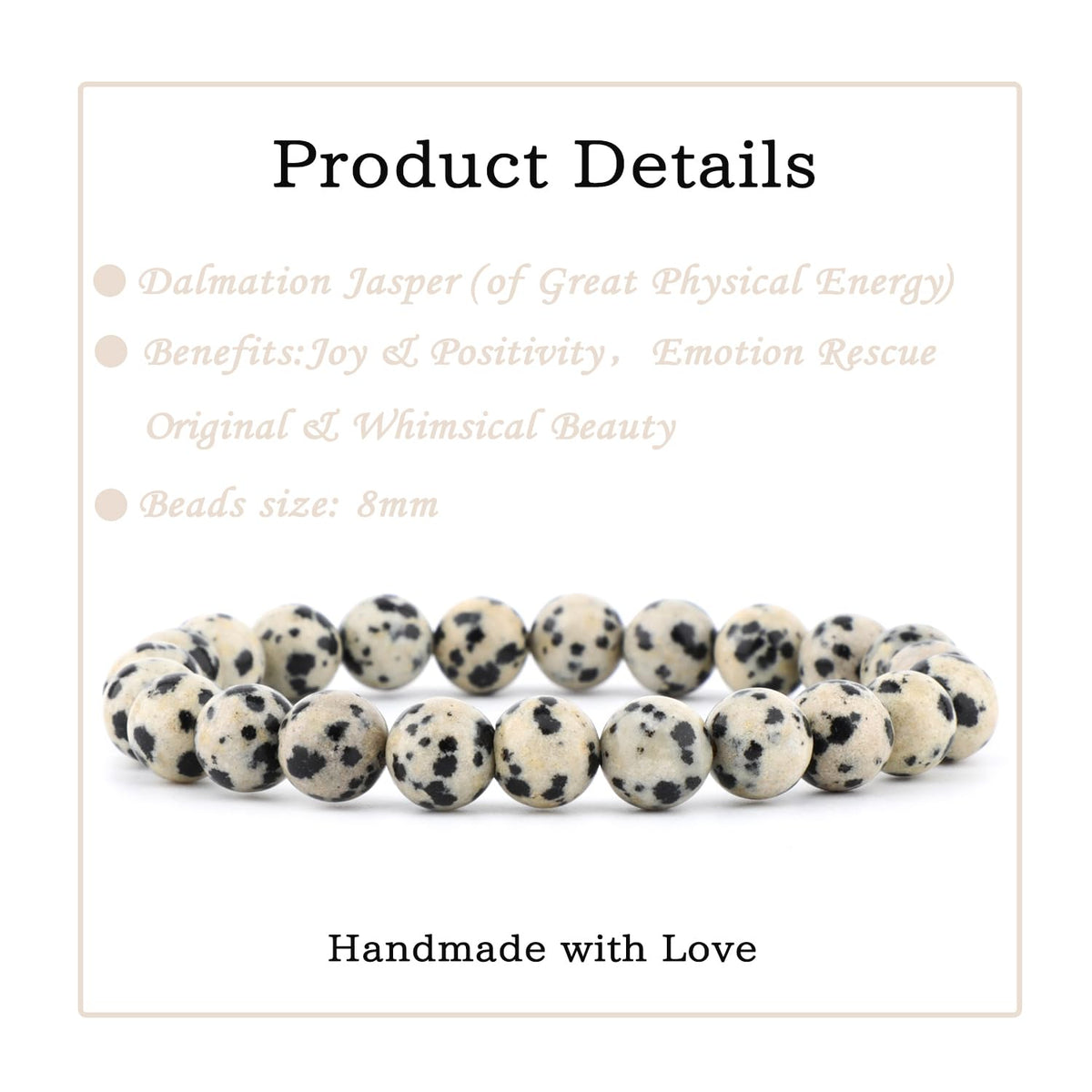 Bymitel 8mm Dalmation Jasper - Handmade Reiki Gemstone Stretch Bracelet, Natural Beauty & Spiritual Essence, Crystal Healing for Unisex Adults