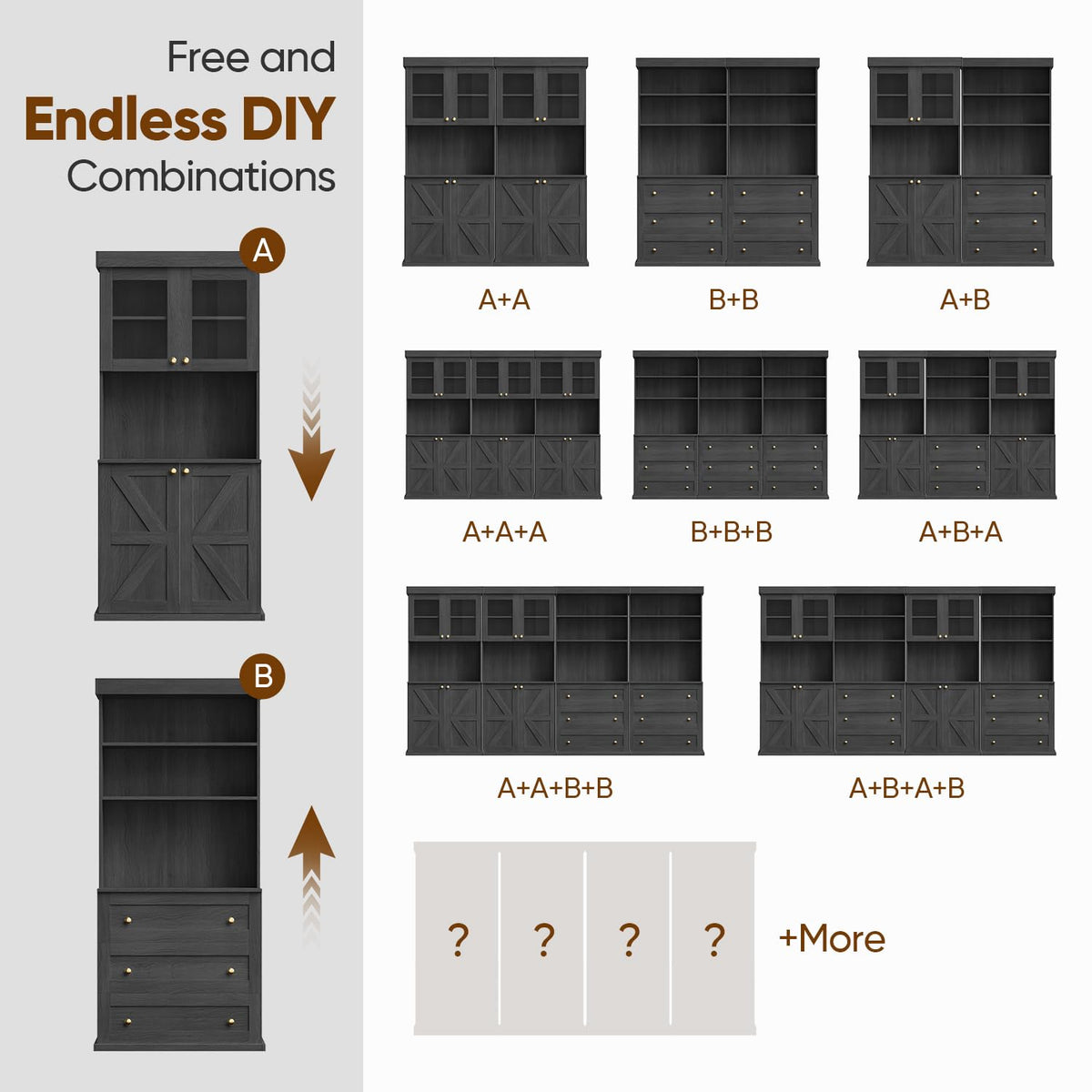 71" Black Farmhouse Kitchen Pantry Cabinet Set of 4— Freestanding Coffee Bar with Glass Doors or Drawers, Microwave Stand, Large Storage Hutch with Adjustable Shelves for Kitchen, Living Room