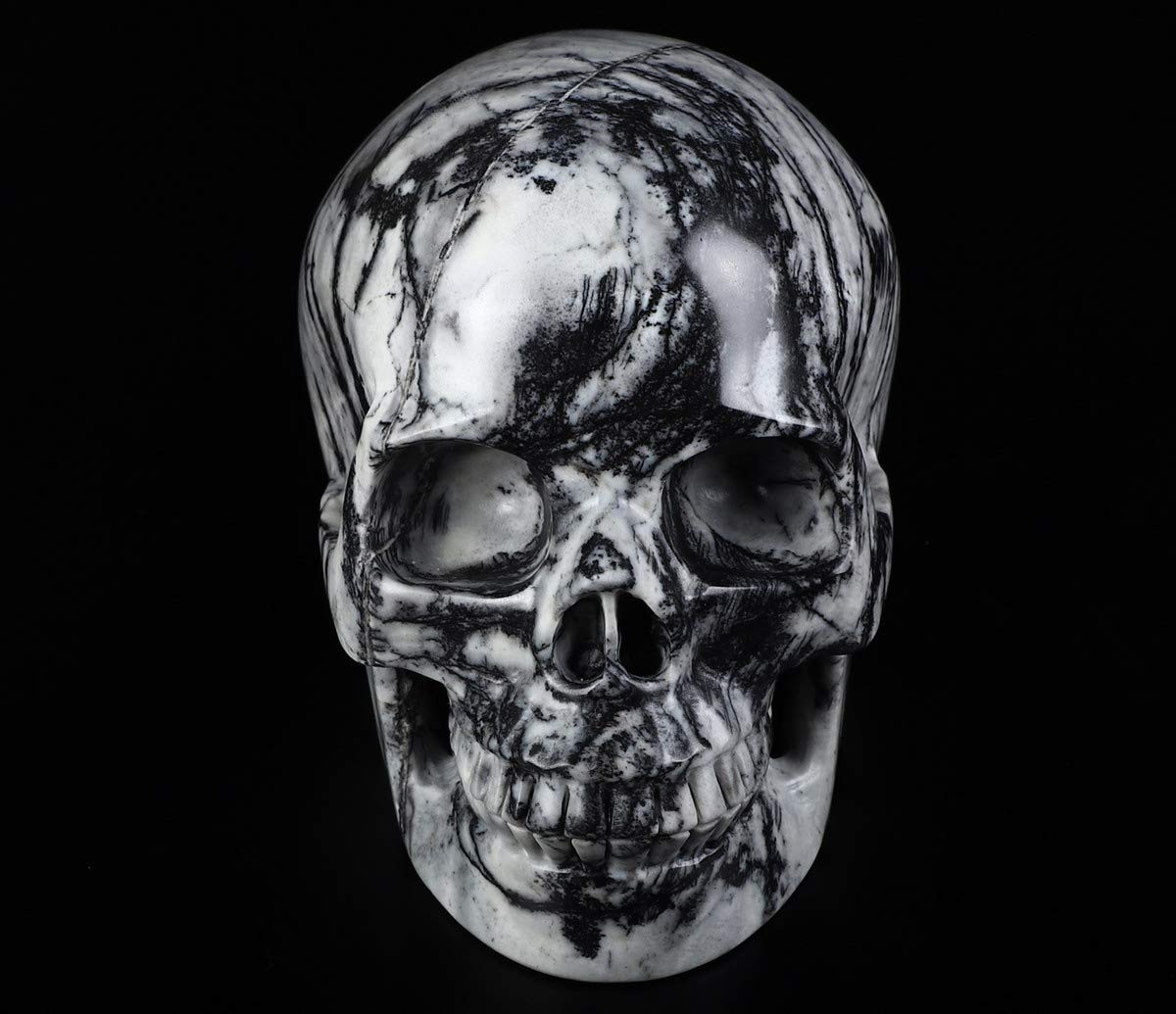 Skullis 5.0" Black Picasso Crystal Skull, Hand Carved Gemstone Fine Art Sculpture, Reiki Healing Stone Statue.