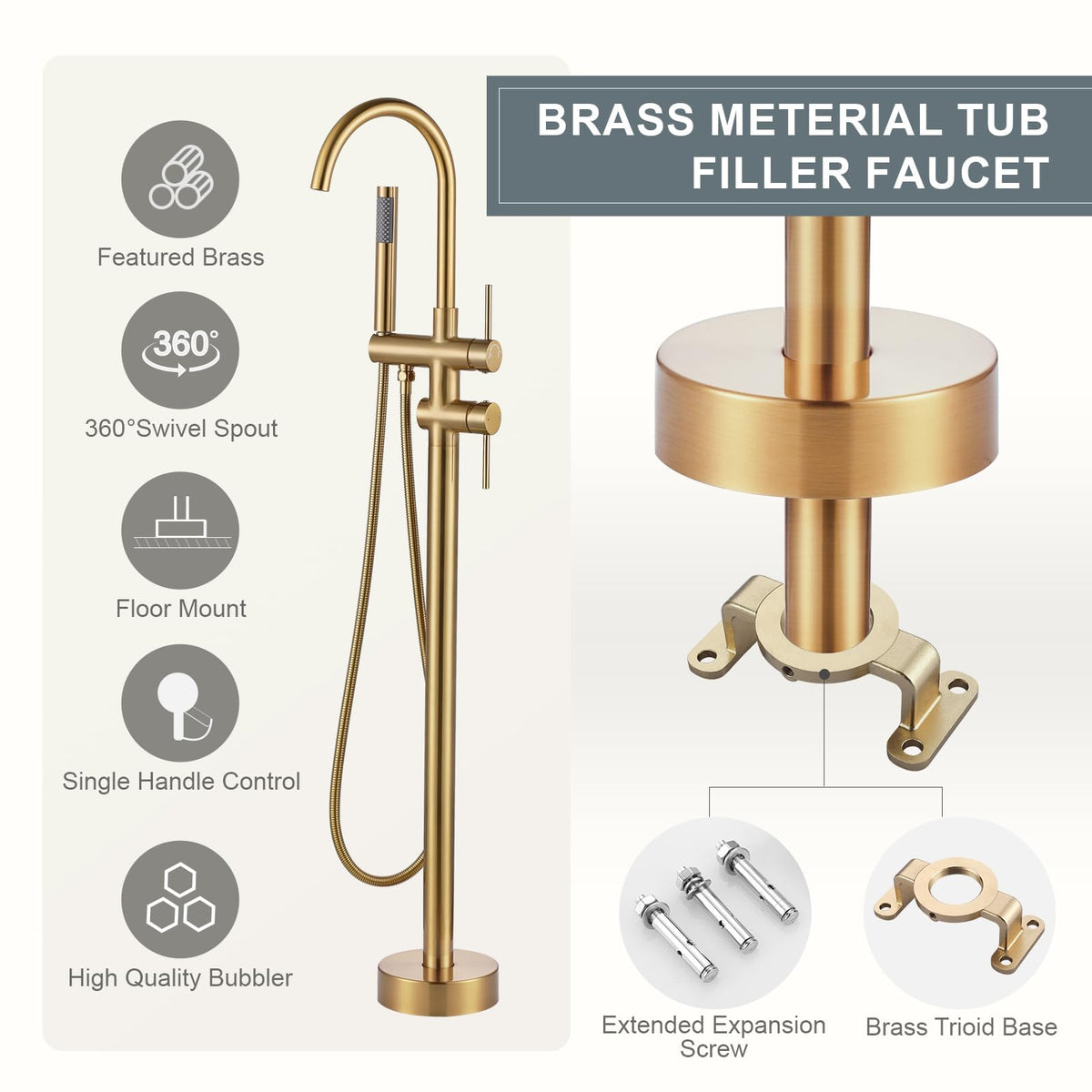 Freestanding Tub Filler Faucet, Floor Mount Brushed Gold Bathtub Faucet with Single Handheld Shower, Brass Shower Tub Faucet Set Complete, Bathtub Faucet with Shower