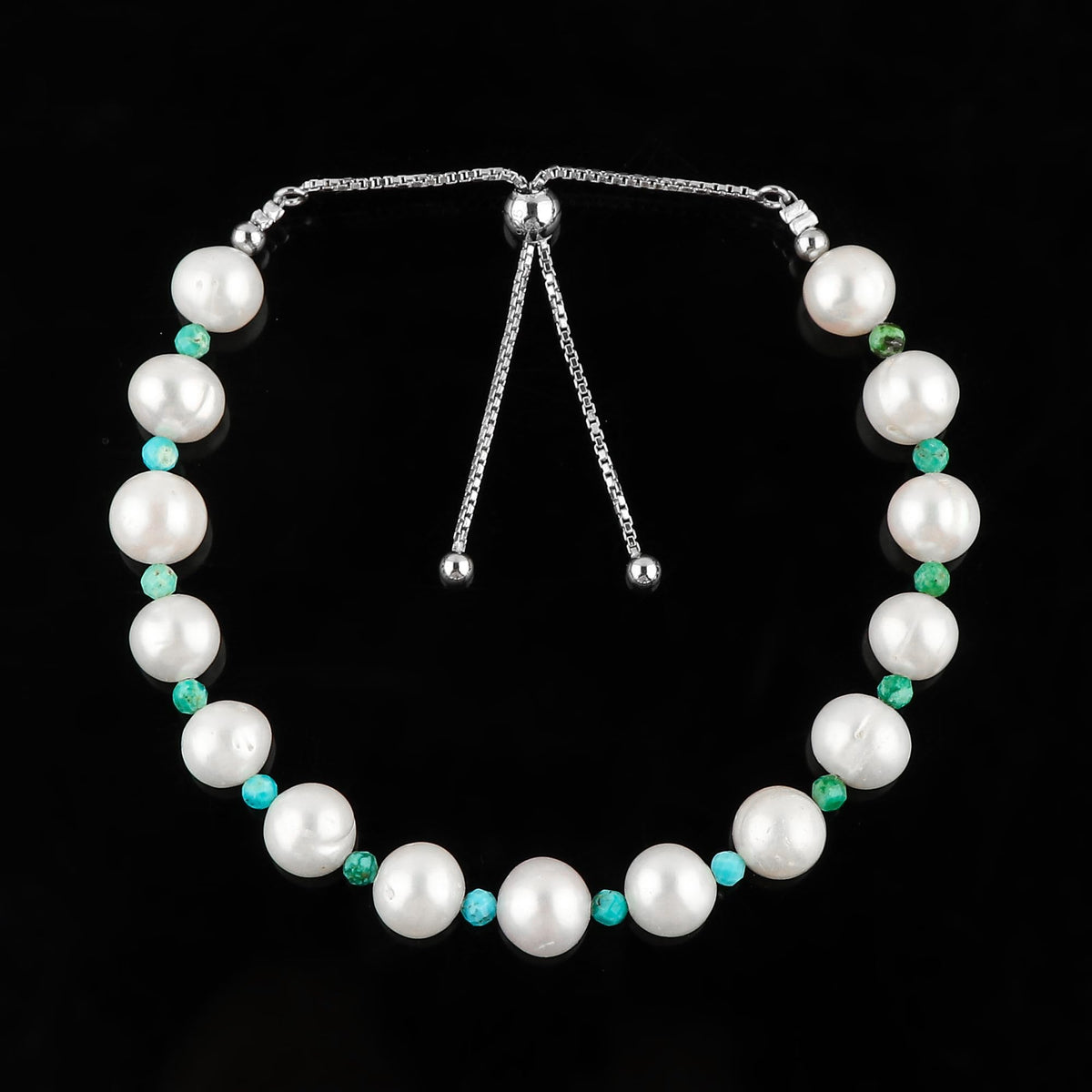 CRYSTALIS Natural Turquoise And Freshwater Pearl Beaded Bracelet, Elegant Beads Crystal, Chakra Bracelet, Healing Bracelet, Gemstone Jewelry, Friendship Bracelet, 925 Sterling Silver Slider 10 inch