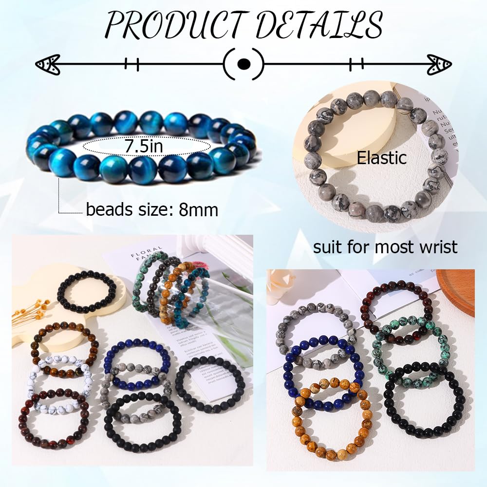 SAMOCO 12Pcs Tiger Eye Bracelet For Men 8MM Natural Stone Beads Bracelet Set Stretch Lava Rock Bracelets Adjustable Black Crystal Beaded Bracelet for Men Women Gifts