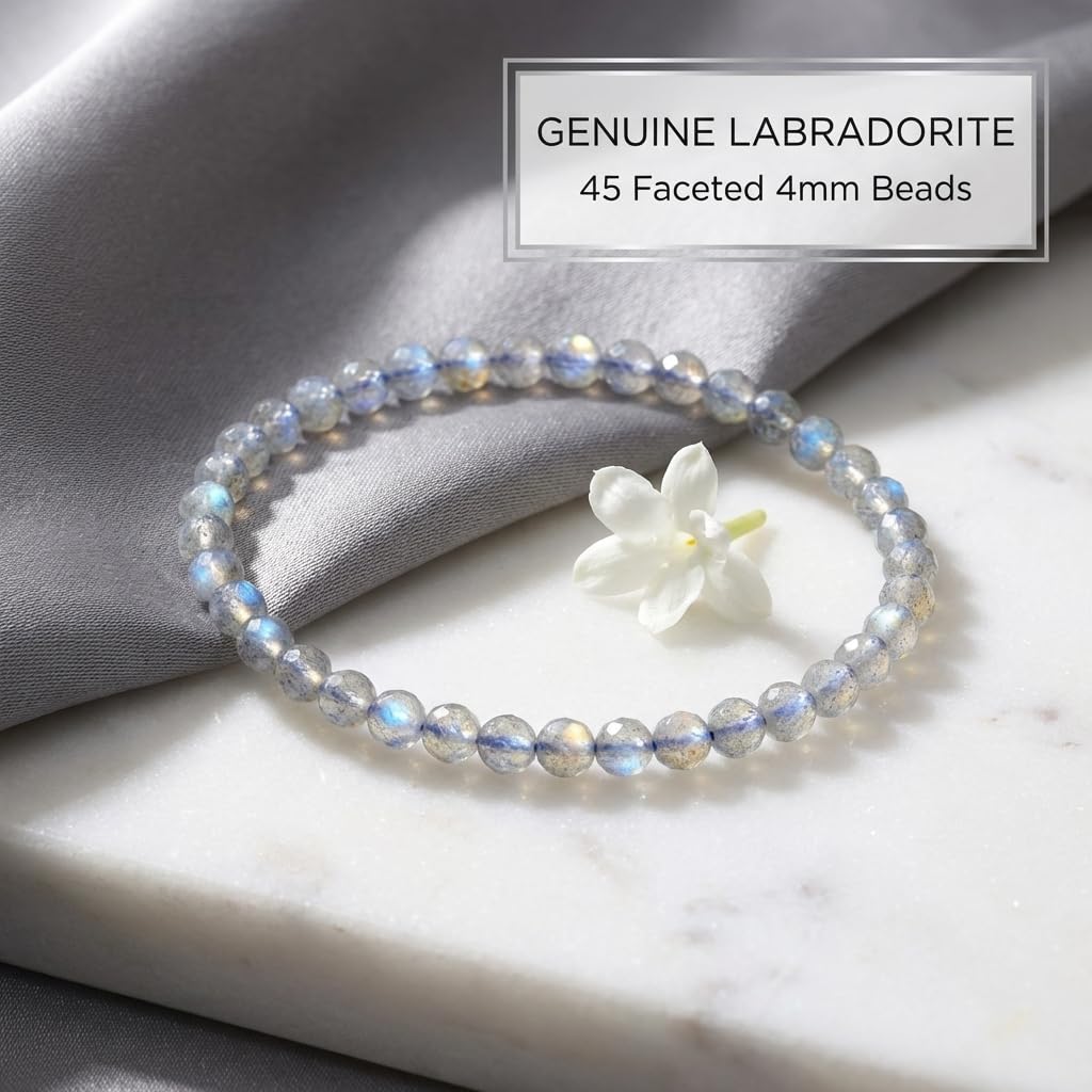 Angelstones Natural Labradorite Gemstone Stretch Bracelet, 4mm Faceted Round Beads, Crystal Healing for Women
