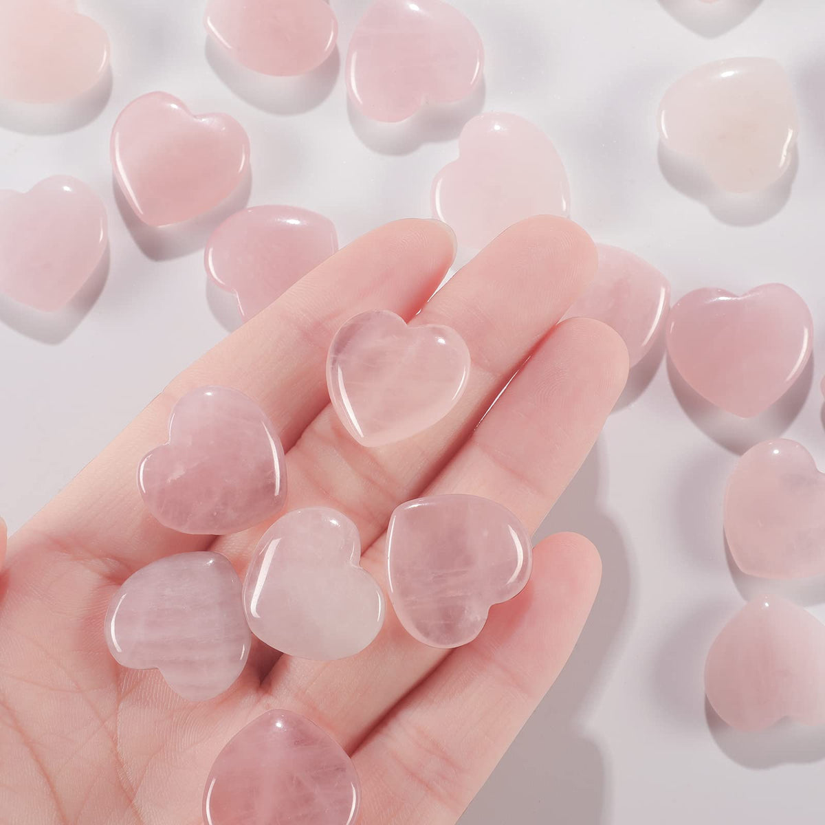 Patelai 24 Pcs Rose Quartz Heart Crystals Pink Heart Shaped Stones Natural Healing Worry Stones Mini Pocket Gemstone with Black Flannelette Bag for Women Mothers Day Anniversary Gifts Reiki Balancing