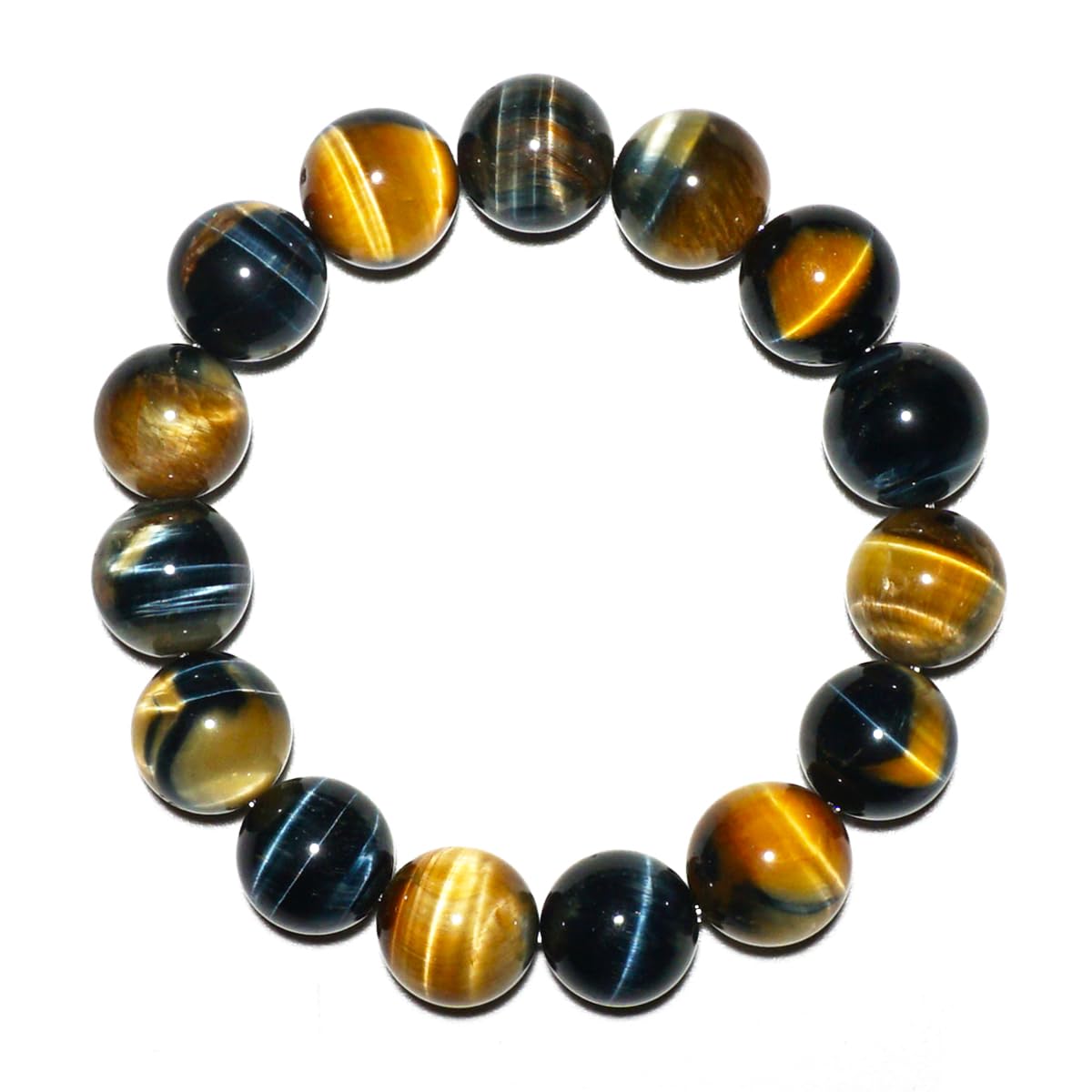 16MM Blue Tigers Eye Bracelet with Gold Eye, Fits for 9" Wrist Men Women | Protection from Evil Gem | Natural Birthstone for June