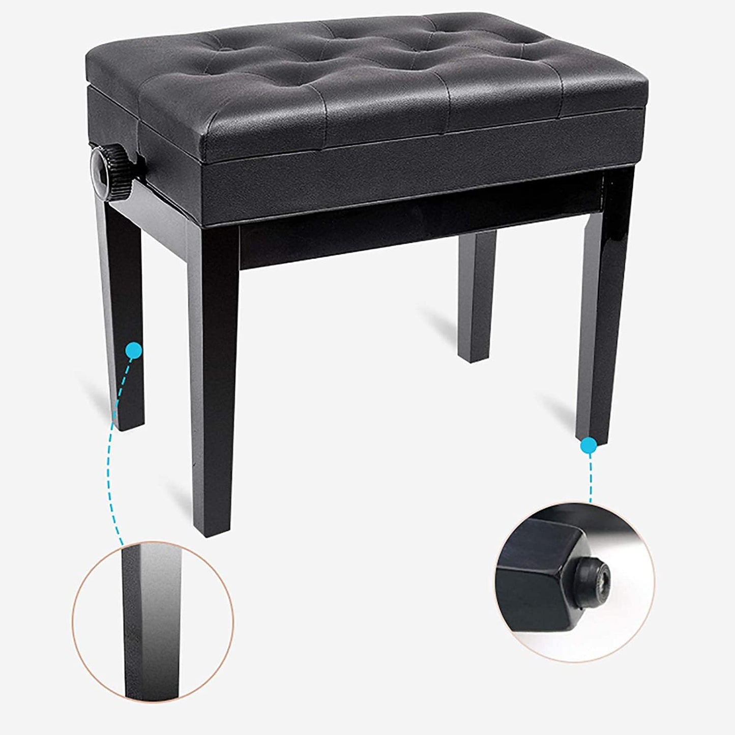 FKTHYO Piano Stool Piano Bench Dressing Table Stool Piano Stool Ergonomic Luxury Wooden Piano Bench Soft Leather Padded Seat, with Book Storage Compartment, Sturdy and Durable,Black
