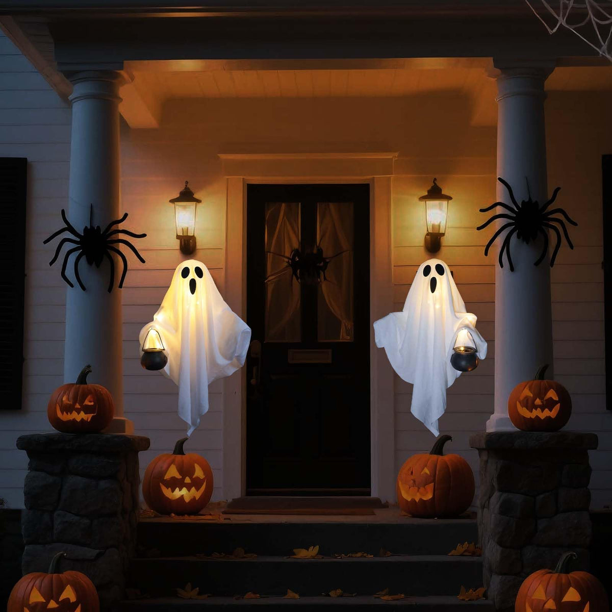 [Timer] 2 Pack Halloween Light Up Ghost Decorations, Battery Operated Flying Hanging Ghosts Glowing Led Lights Remote Control 8 Lighting Modes Floating Swinging Yard Garden Porch Outdoor Indoor Decor