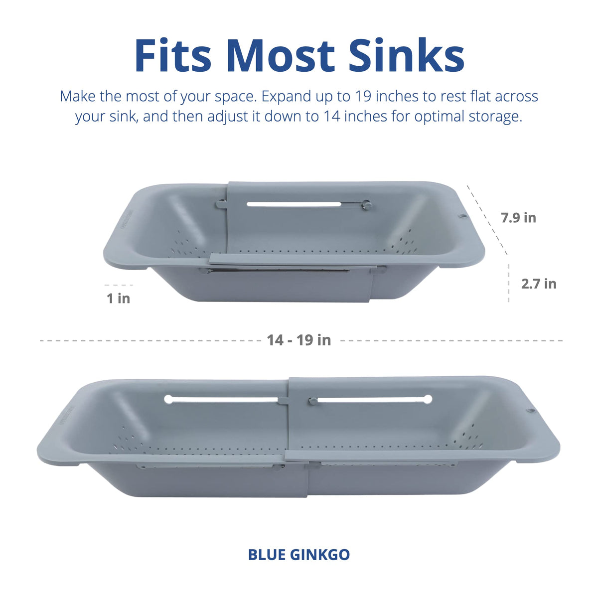 BLUE GINKGO Over the Sink Colander Strainer Basket - Wash Vegetables and Fruits, Drain Cooked Pasta and Dry Dishes - Extendable - New Home Kitchen Essentials (Grey, 1 Pack)