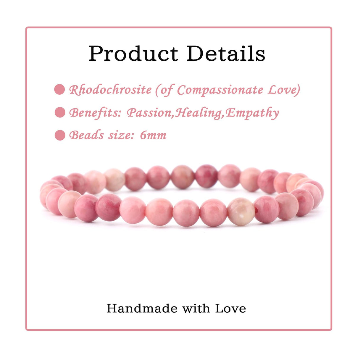 Bymitel 6mm Rhodochrosite - Handmade Reiki Gemstone Stretch Bracelet, Natural Beauty & Spiritual Essence, Crystal Healing for Unisex Adults