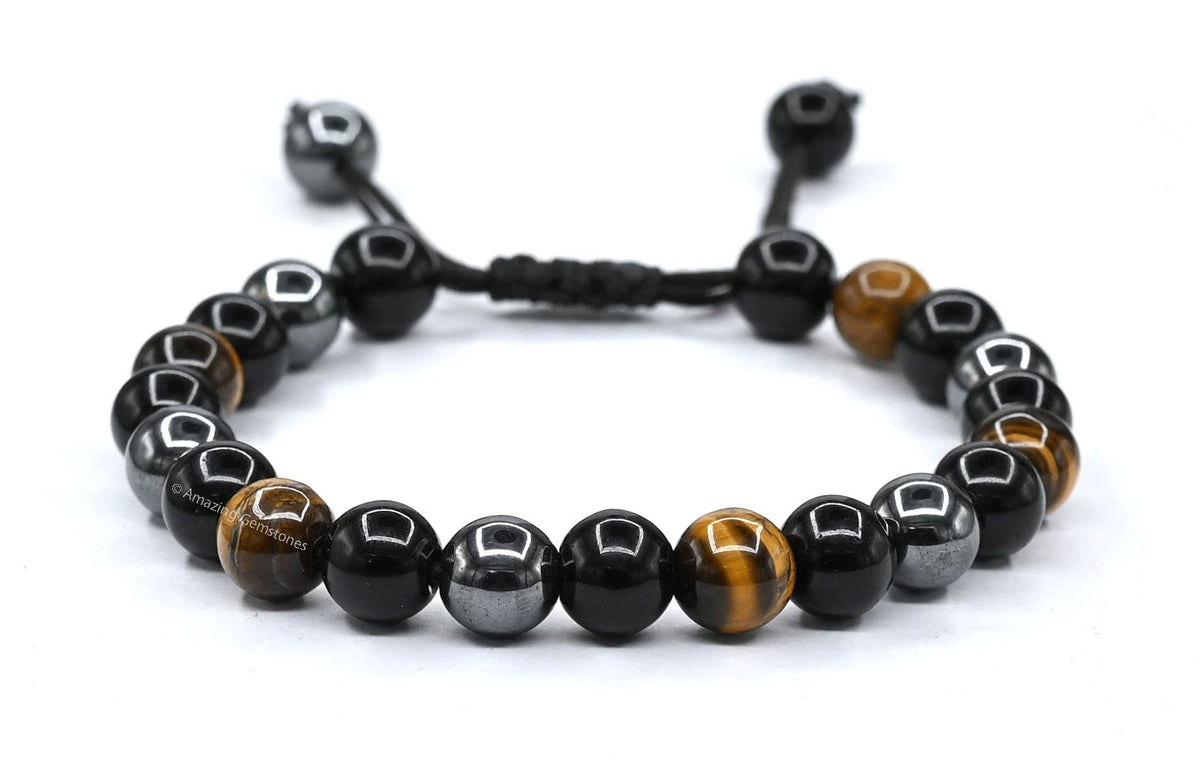 Amazing Gemstone Triple Protection Bracelet - Hematite Black Obsidian Tiger Eye Bracelet Set for Men Women Healing Calming Anxiety Stress Relief Gifts (Adjustable)