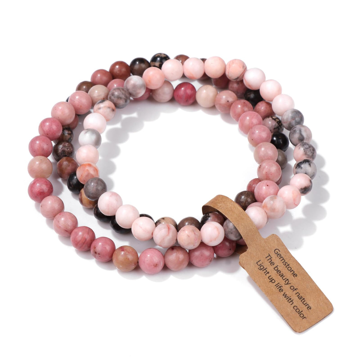 Risyfjew 3 PCS Healing Crystal Bracelets Women 6mm Natural Stone Beaded Stretch Bracelet Pink Zebra Jasper Jewelry Gifts