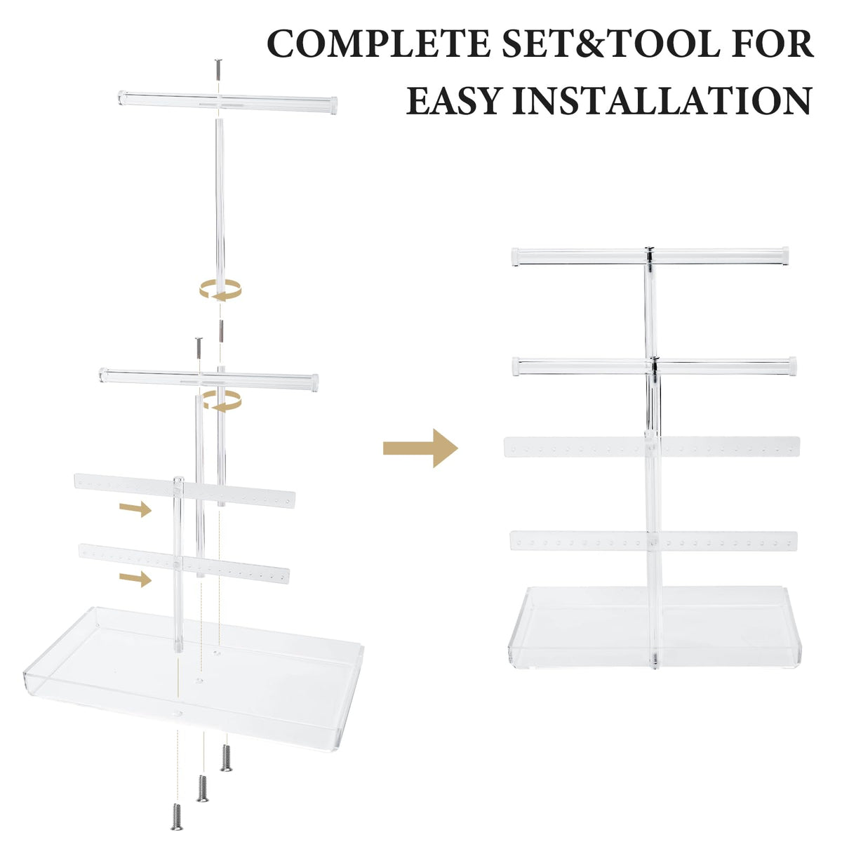 Acrylic Jewelry Organizer Stand with Tray, 4-Tier 14" Tall Tangle-Free Clear Jewelry Display Holder for Hanging Long Necklaces & Bracelets, 40 Earring Holes, Tower Tray Storage for Rings Watch Perfum