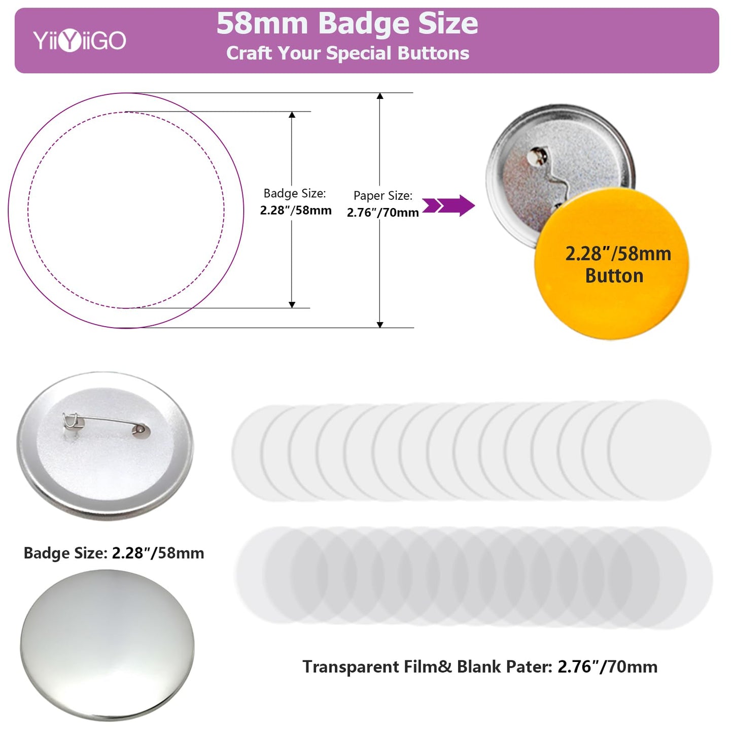 YiiYiiGO 200 Sets 58mm/2.28inch Button Maker Supplies, (Approx.2.25 inch) Round Badge Blank Pins, Includs Metal Shells, Metal Back Cover, Blank Paper and Transparent Film for Pin Maker Button Press