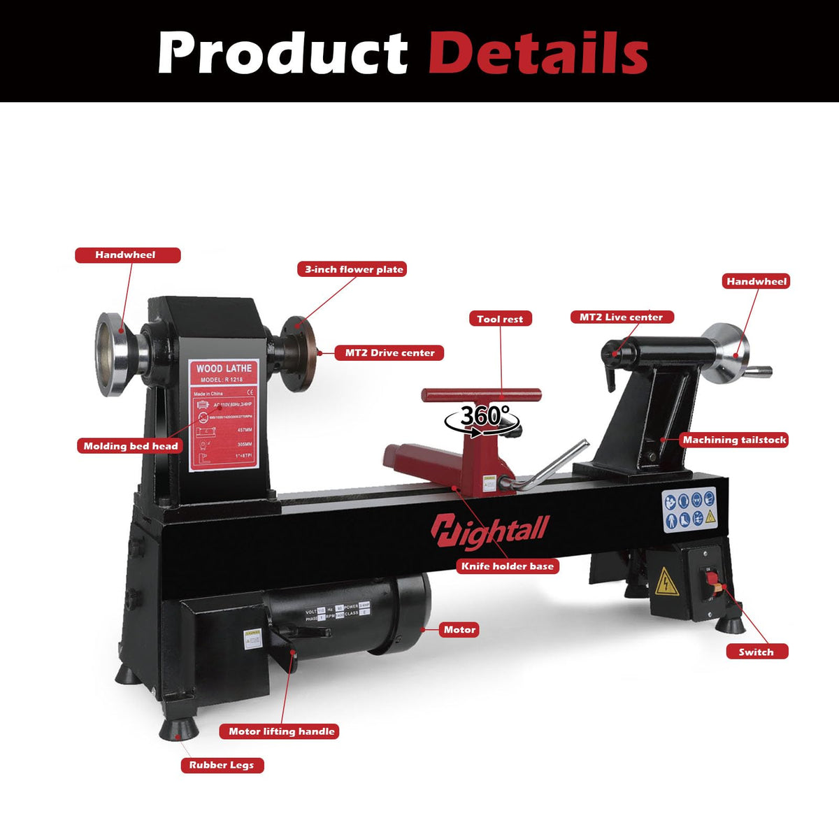 Wood Lathe Machine, 12 x 18 inch, 550W 3/4HP, 5 Speed Settings 680-2770 RPM,Benchtop Lathe with MT2 Drive/Live Center