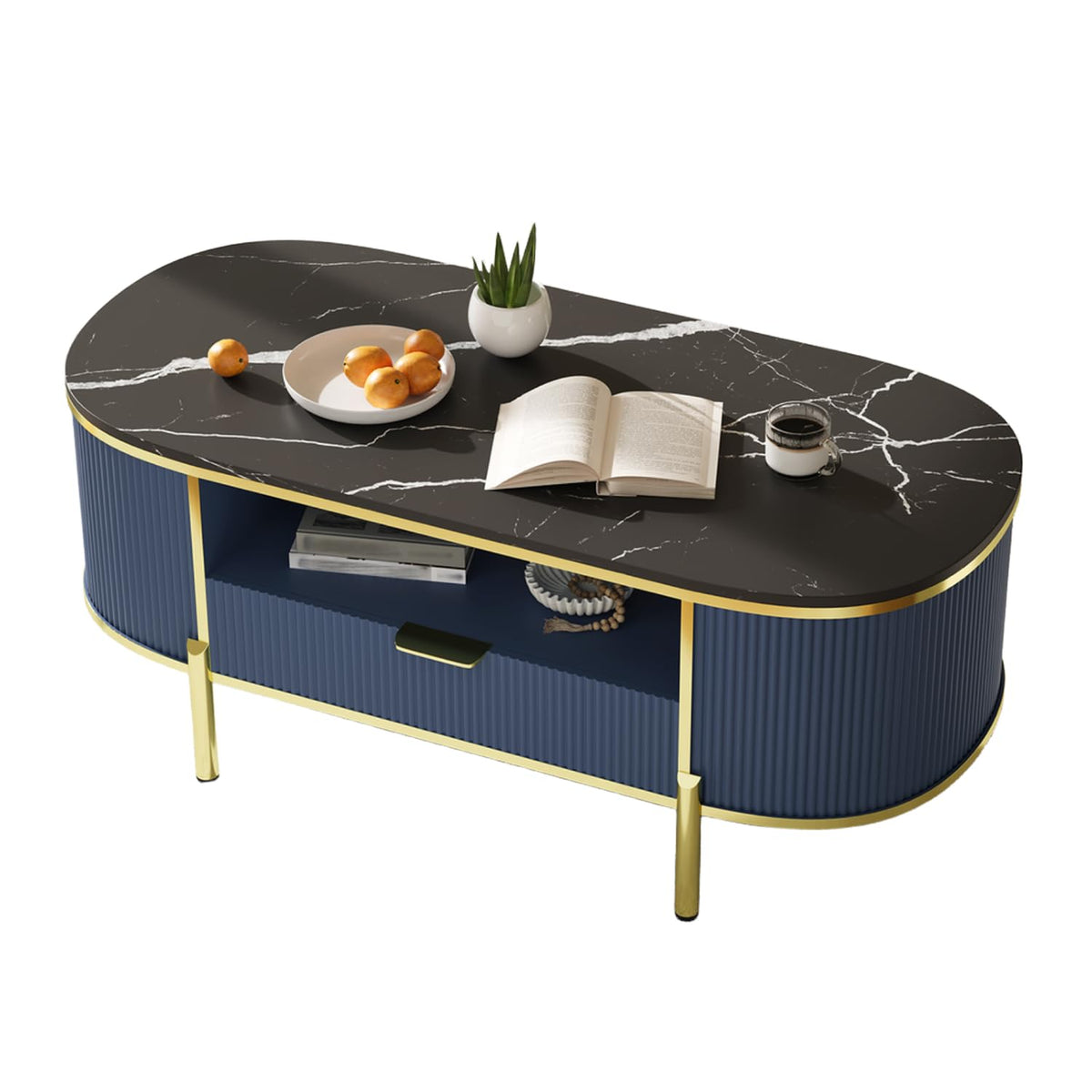 Takywep 48 inch Oval Coffee Table with Drawer, Fluted Modern Faux Marble Top Coffee Table for Living Room, Gold Metal Legs, Center Table for Lounge, Navy Blue