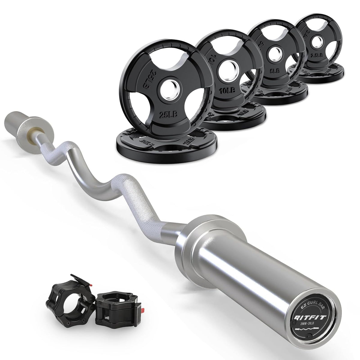 RitFit 2 Inch EZ Curl Bar with Weights, 350LBS Capacity Olympic Barbell for Bicep & Triceps, Home Gym Strength Training,with 85LBweights