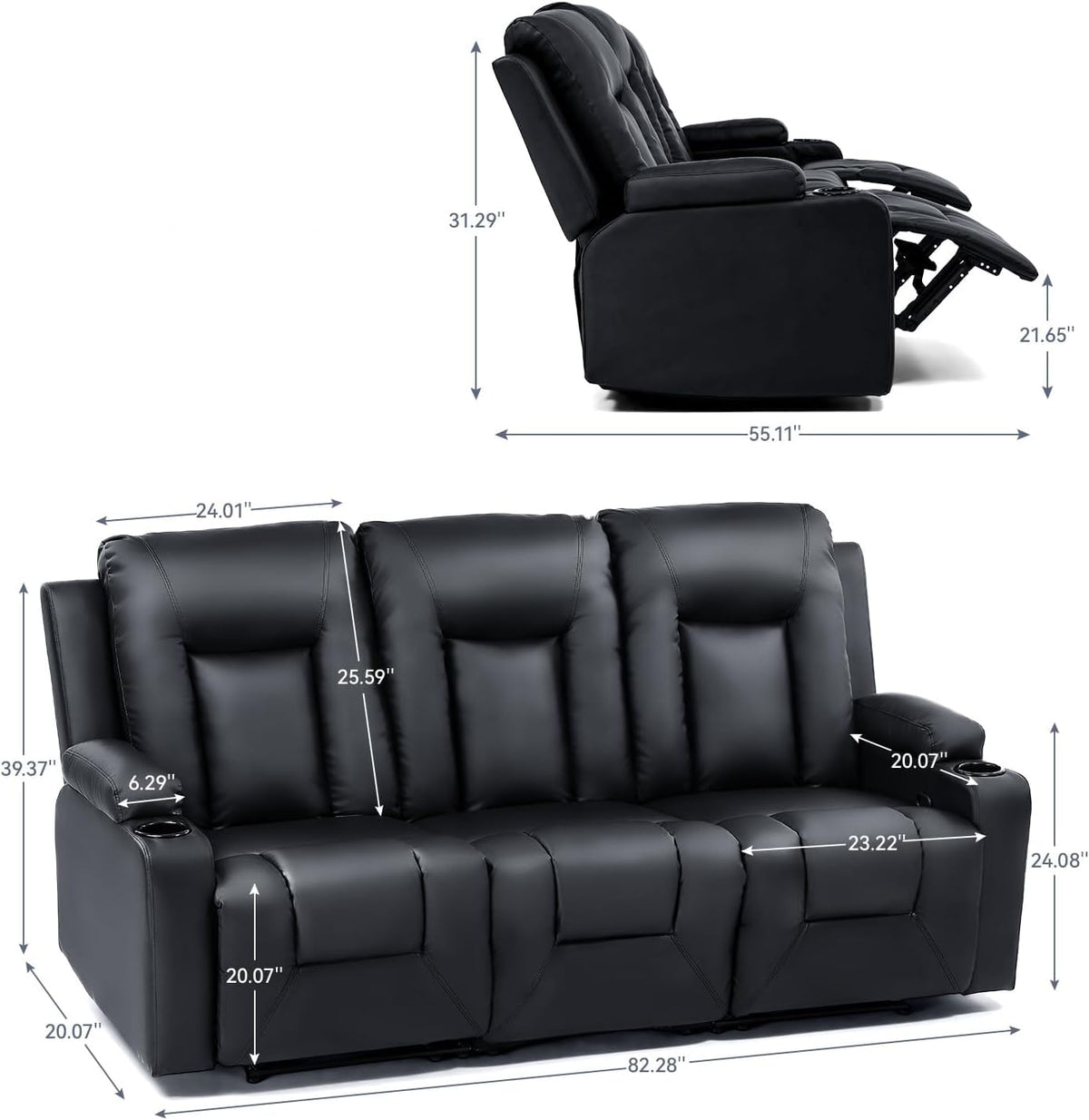 LUCKLIFE Leather Recliner Sofa Set with Manual Recliners,Living Room Furniture Set with Reclining Couch,Loveseat and Armchair,Living Room Chair with Cup Holders,Black (3+1)