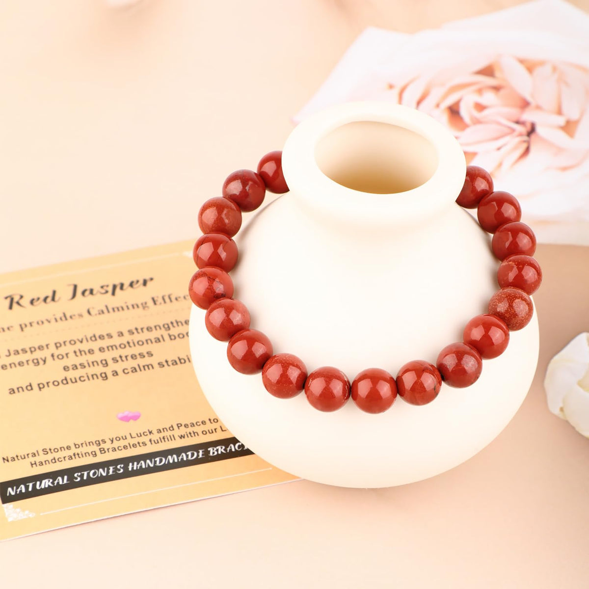 AD Beads 6mm Handmade Red Jasper Elastic Bracelet – Natural Gemstone for Stone provides Calming Effects – Meditation, Yoga, Healing and Energy Gift for Men Women