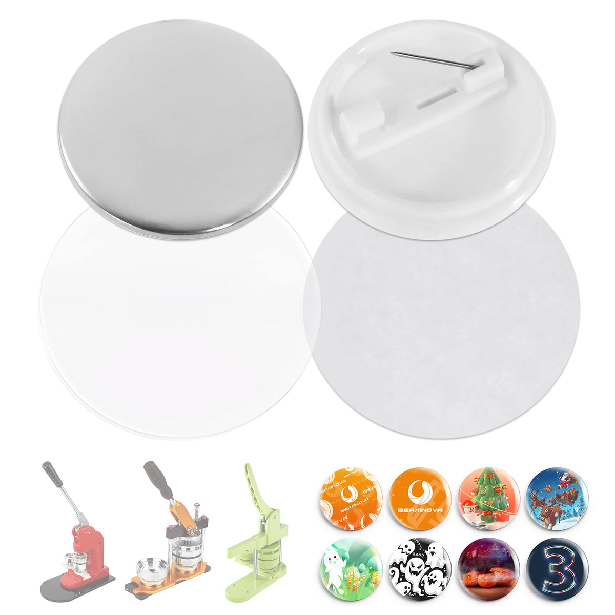 BEAMNOVA 200 Sets 32mm / 1.26 in (Approx. 1-1/4 inch) Button Maker Supplies, Fix-Pined Plastic Back, Hand Press Badge Making Refills, Blanks for Round Pin Making Machine
