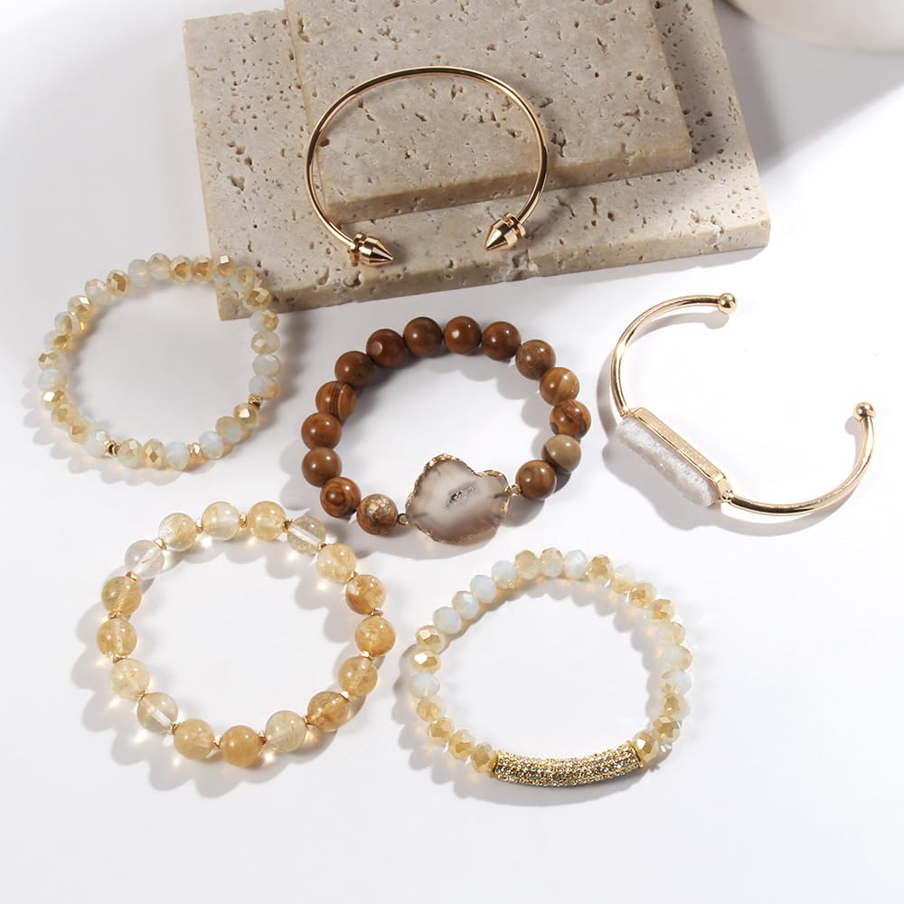 Yomisa 6PCS Natural Boho Beaded Bracelets Bangle for Women,Healing Turquoise Tiger eyes Agate Crystal Gemstone Stone Diamond Chakra Multi Wrap Bohemian Handmade Jewelry Beads Stretch Bracelet Set