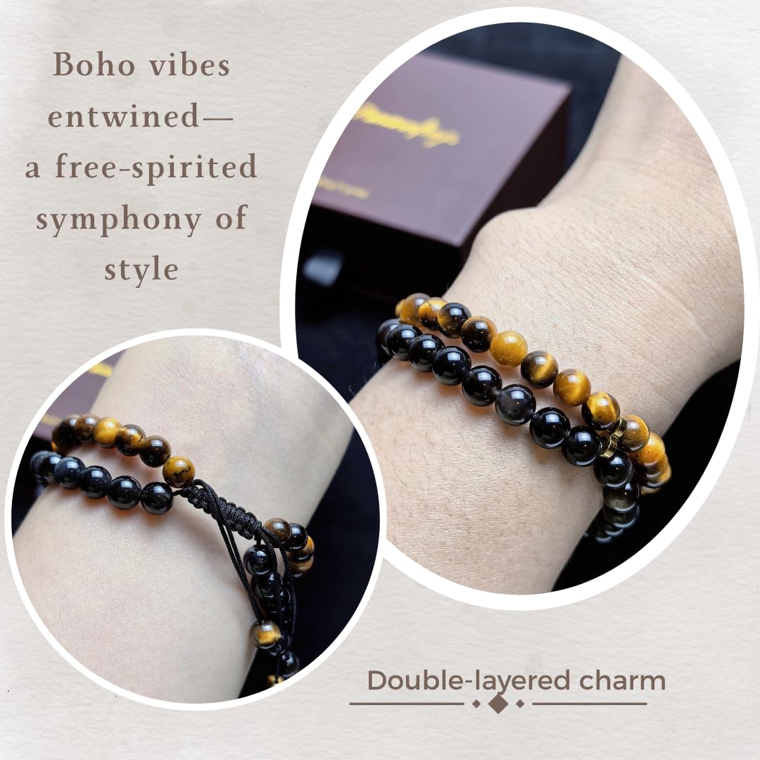 Atminafays 6MM Stackable Healing Bracelet for Women & Men - Tiger's Eye & Obsidian for Courage & Protection, Adjustable Boho Beaded Bracelet