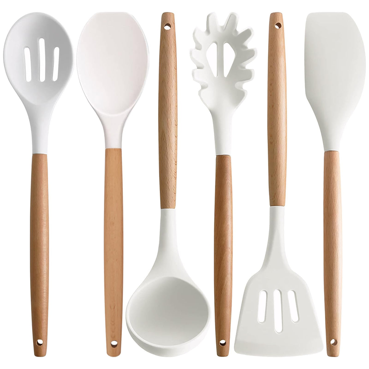 IOCBYHZ Kitchen Cooking Utensils Set 6Pcs Non-Stick Silicone Kitchen Utensils Spatula Spoon Turner Ladle Pasta Server, Heat Resistant Wooden Handle Silicone Cooking Gadgets Sets for Cookware & Baking