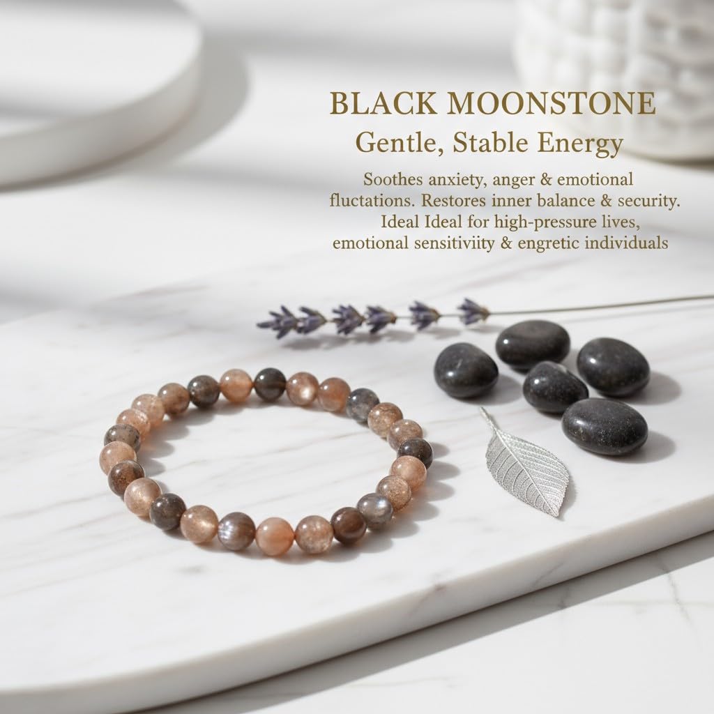 The Vida Handmade AAA+ Quality Crystal Stretch Elastic Bracelet - Nature Gemstone - Jewelry Gift - Holiday Gift - For Women & Men (Black Moonstone)