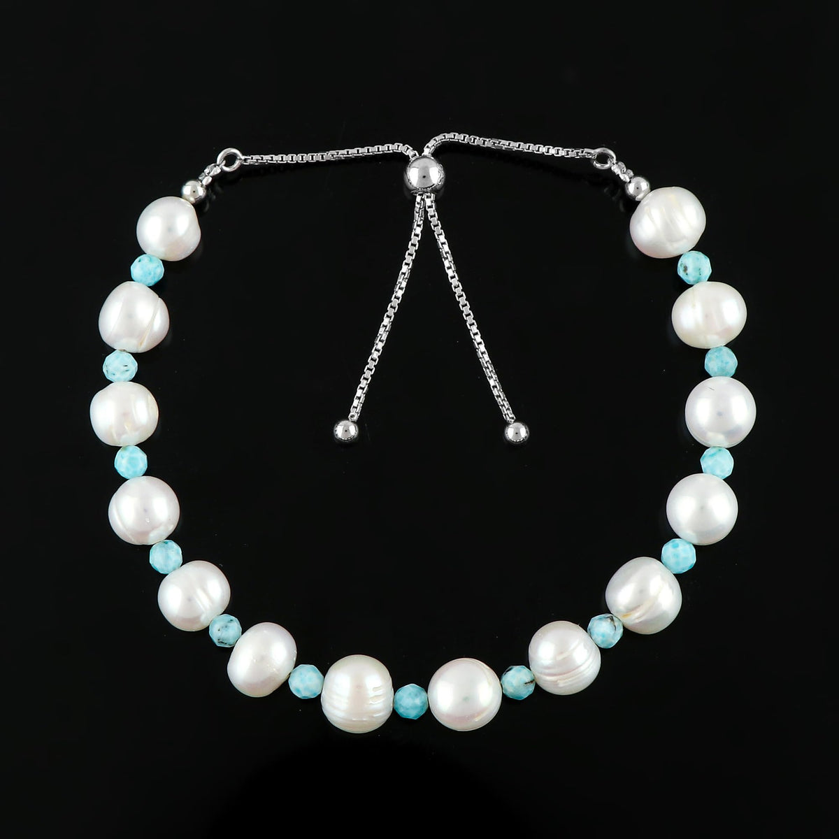 CRYSTALIS Natural Larimar And Freshwater Pearl Beaded Bracelet, Elegant Beads Crystal, Chakra Bracelet, Healing Bracelet, Gemstone Jewelry, 925 Sterling Silver Slider 10 inch