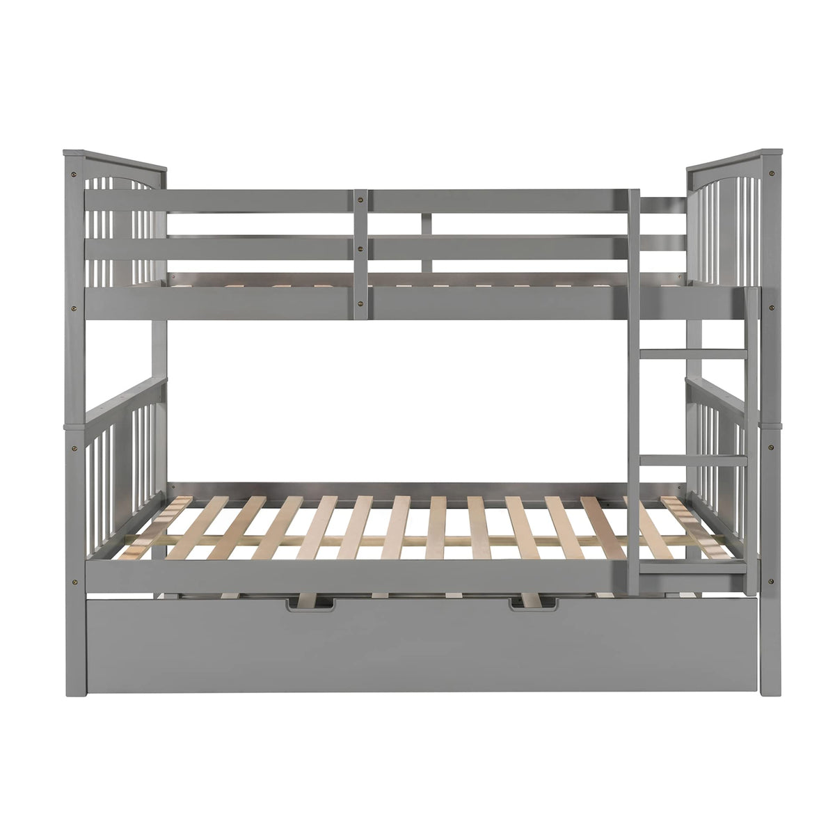 Ball & Cast Full Over Full Bunk Bed with Twin Size Trundle and Ladder,Wood Bunkbed w/Slat Support & Full-Length Guard Rail,Space Saving,Bedframe Furniture for Student Dorms,Studio,Gray