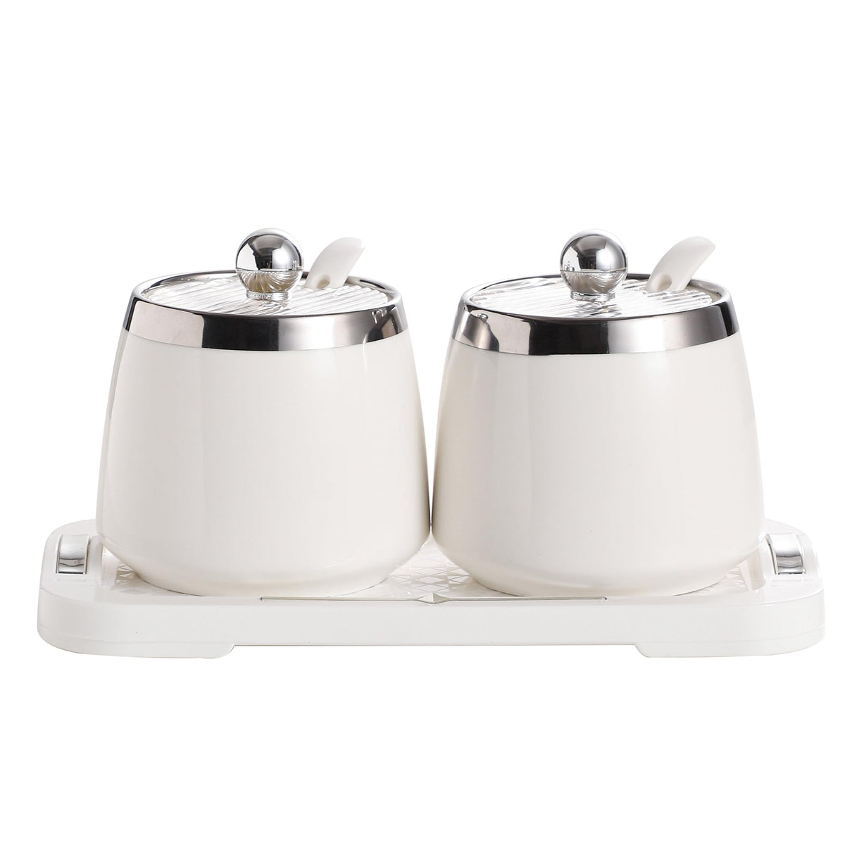shuqiao Porcelain Condiment Jar Spice Container with Lid - Ceramic Spoon, Plastic Tray is the best clay pot for your home, kitchen, counter. White, 280 ml (9.4 oz), 2-piece set (3, Square)