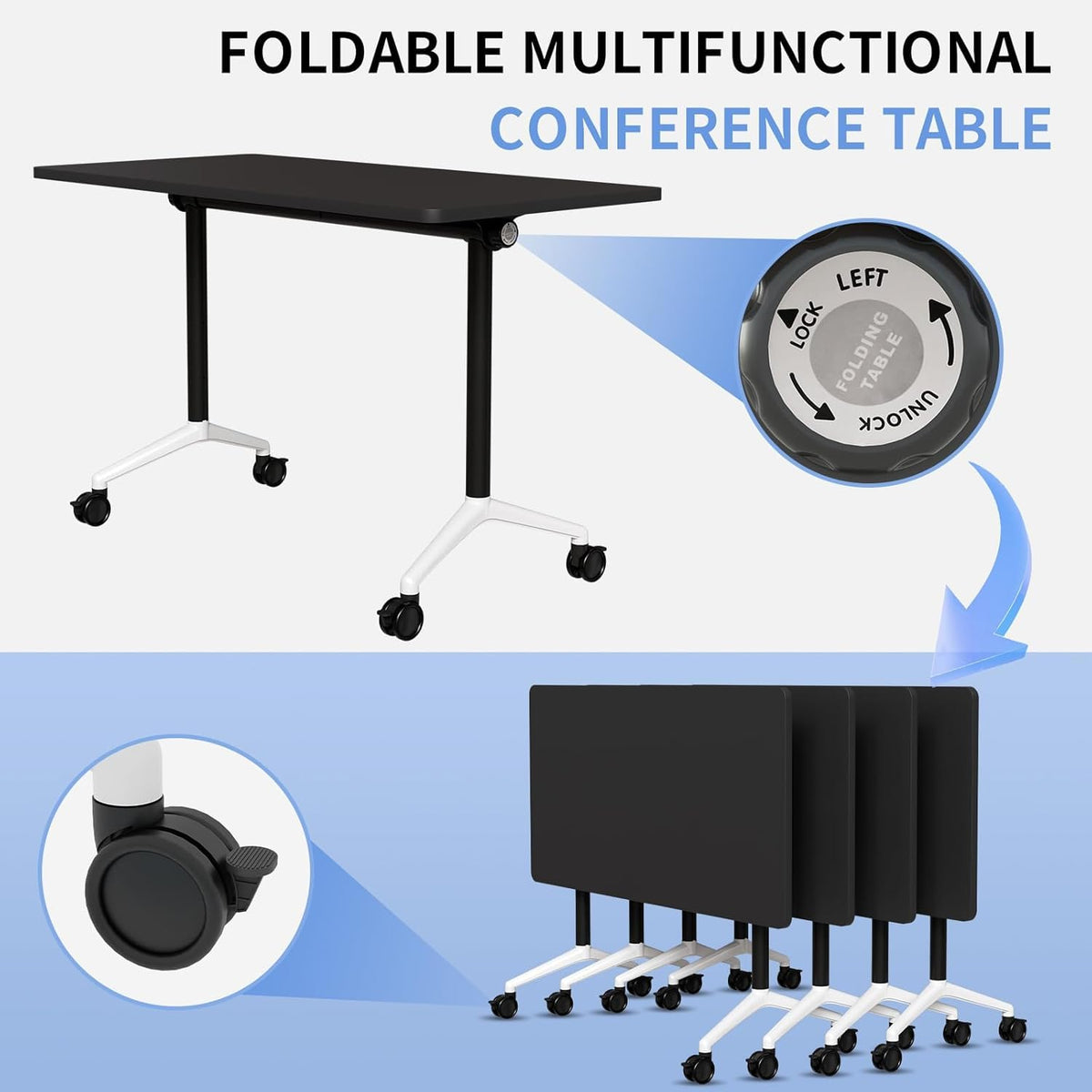 Folding Conference Room Table with Wheels,Flip Top Modular Training Meeting Table,Stackable Mobile Conference Table,Wooden Top Sturdy Frame,Space Saving,for Office,Classroom (4Pack, black, 47.2in)