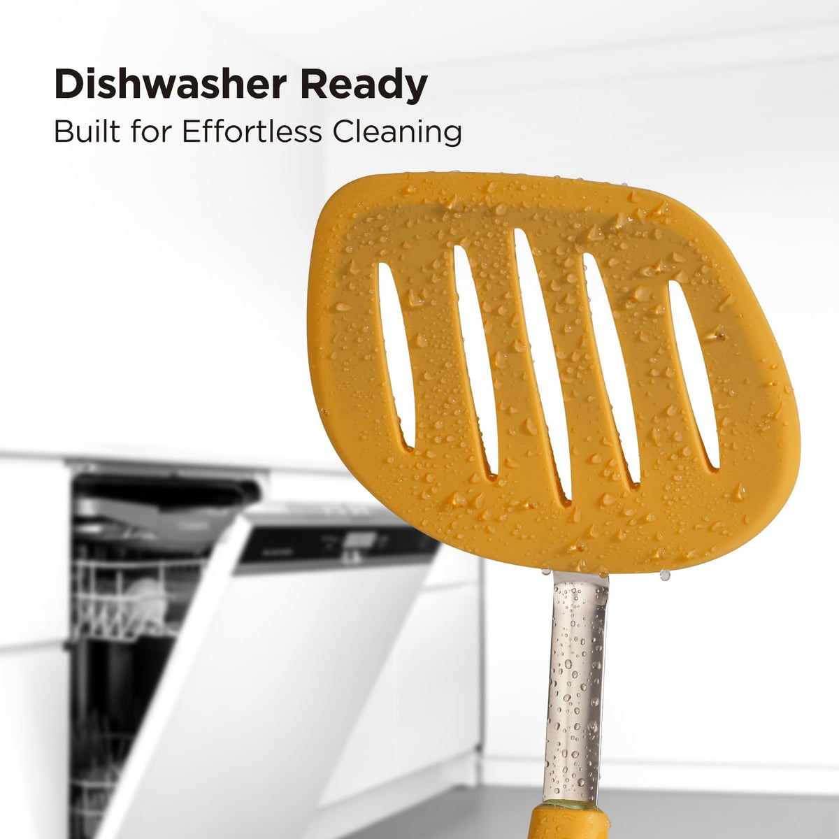 Kitchen Mama WaltzGrip Platinum Silicone Pancake Spatula Turner: Heat-Resistant, Slotted Tapered Head, Stainless Steel Core, Durable, Dishwasher-Safe, Ideal for Flipping and Wok Use (Yellow)