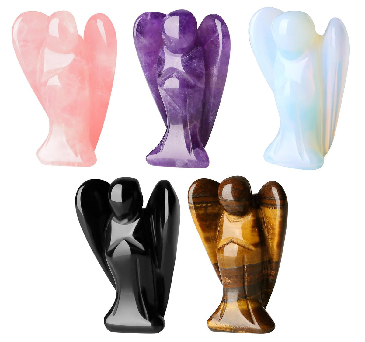 QINJIEJIE 5PCS Crystal Angel Decor Amethyst Rose Quartz Opal Black Obsidian Tiger Eye Polished Stones Statue Cute Carved Gemstone Room Office Desk Guardian Angel Home Reiki Pocket Gift for Women