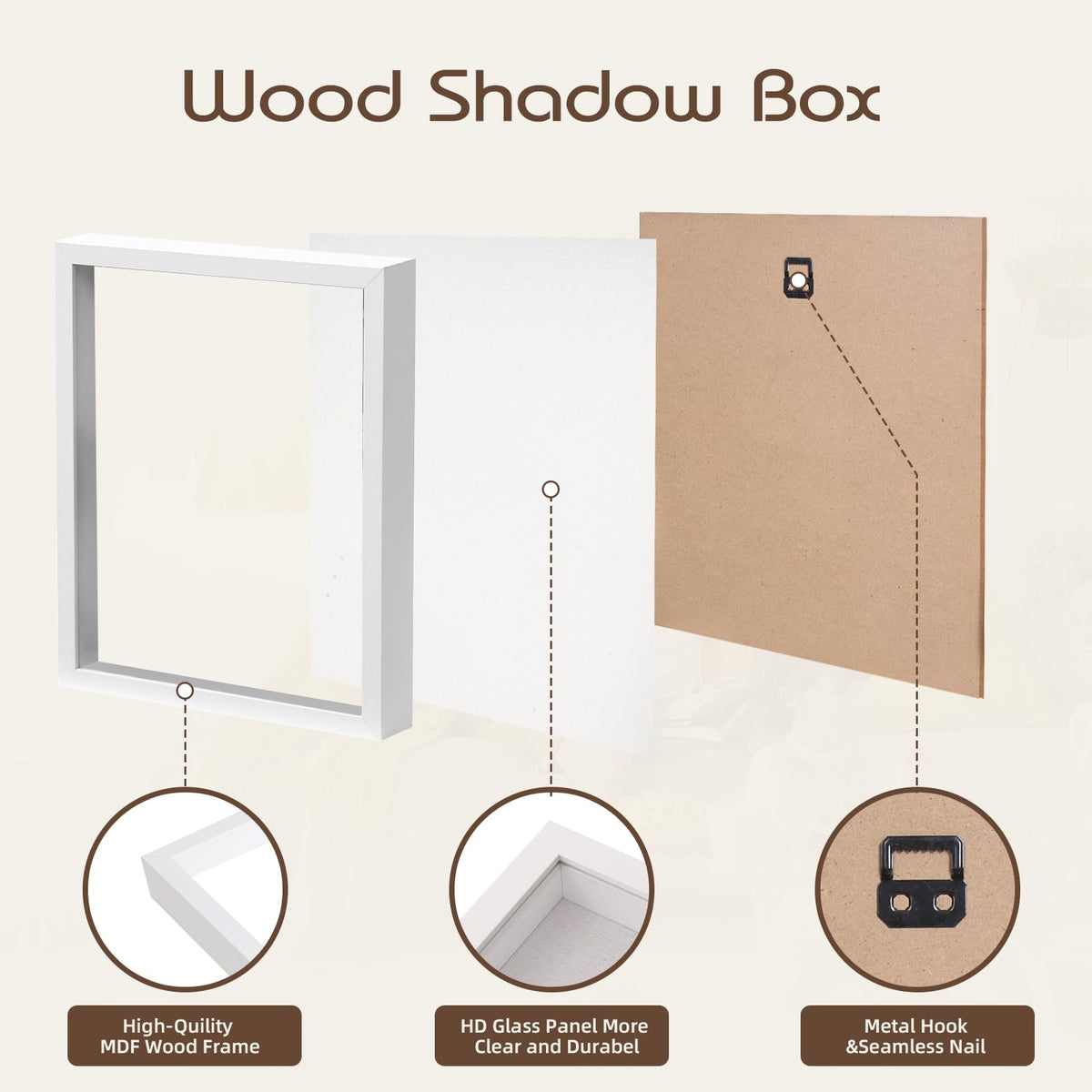 QDSSDECO 11x14 Shadow Box Frame with Linen Backboard & Real Glass, Wood Display Case, Deep Showcase to Hang The Photos, Tickets, Wedding Bouquets, Medals, Baby Sports Memorabilia,White