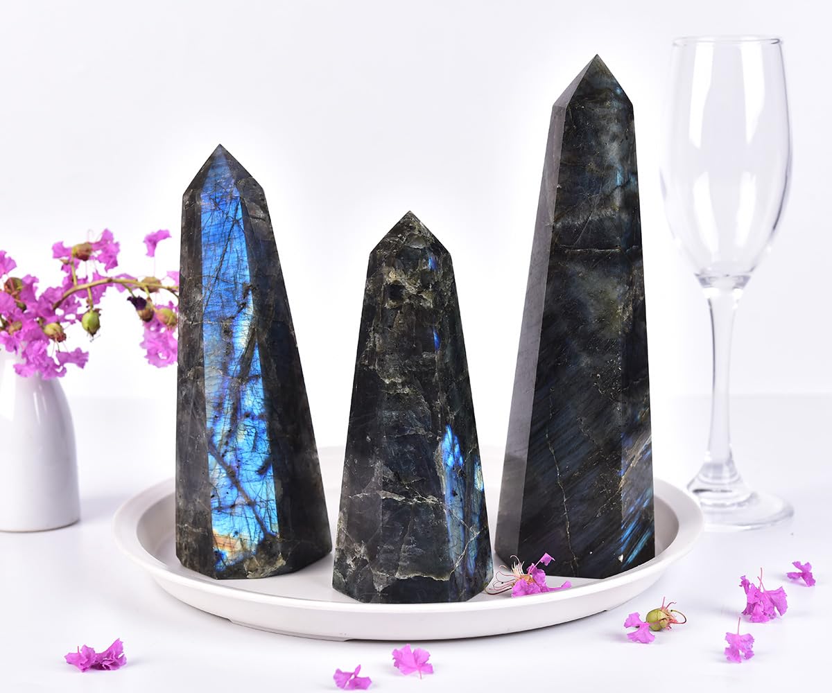 SMOHEAL Labradorite Large Crystal Tower Natural Healing Crystal Point Wand Obelisk for Reiki Meditation Crystal Grid Decoration 1-1.5 LBS