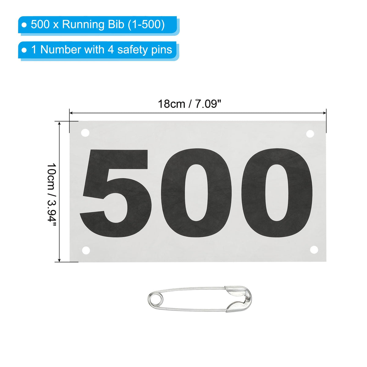 PATIKIL Tearproof Running Bib Numbers 7x4 Inch, 1-500 Waterproof Race Competitor Numbers with Safety Pin for Marathon Sports Game Competition Runner, White