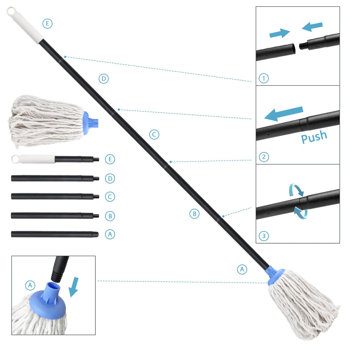 Indoor Mop for Floor Cleaning - Cotton Mops for Floor Cleaning, Regular Mop for Floors, 49-inch Simple Mops for Cleaning Living Rooms, Bathrooms, and Kitchens. (White&Blue)